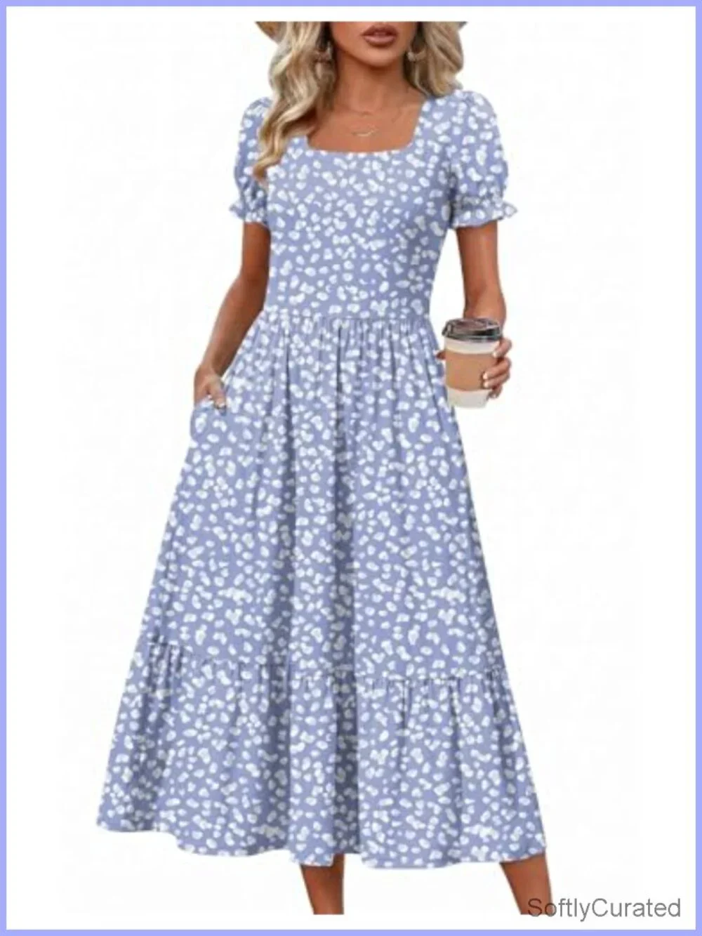 Flowy Midi Dress with Pockets Tiered Swing Short Sleeve